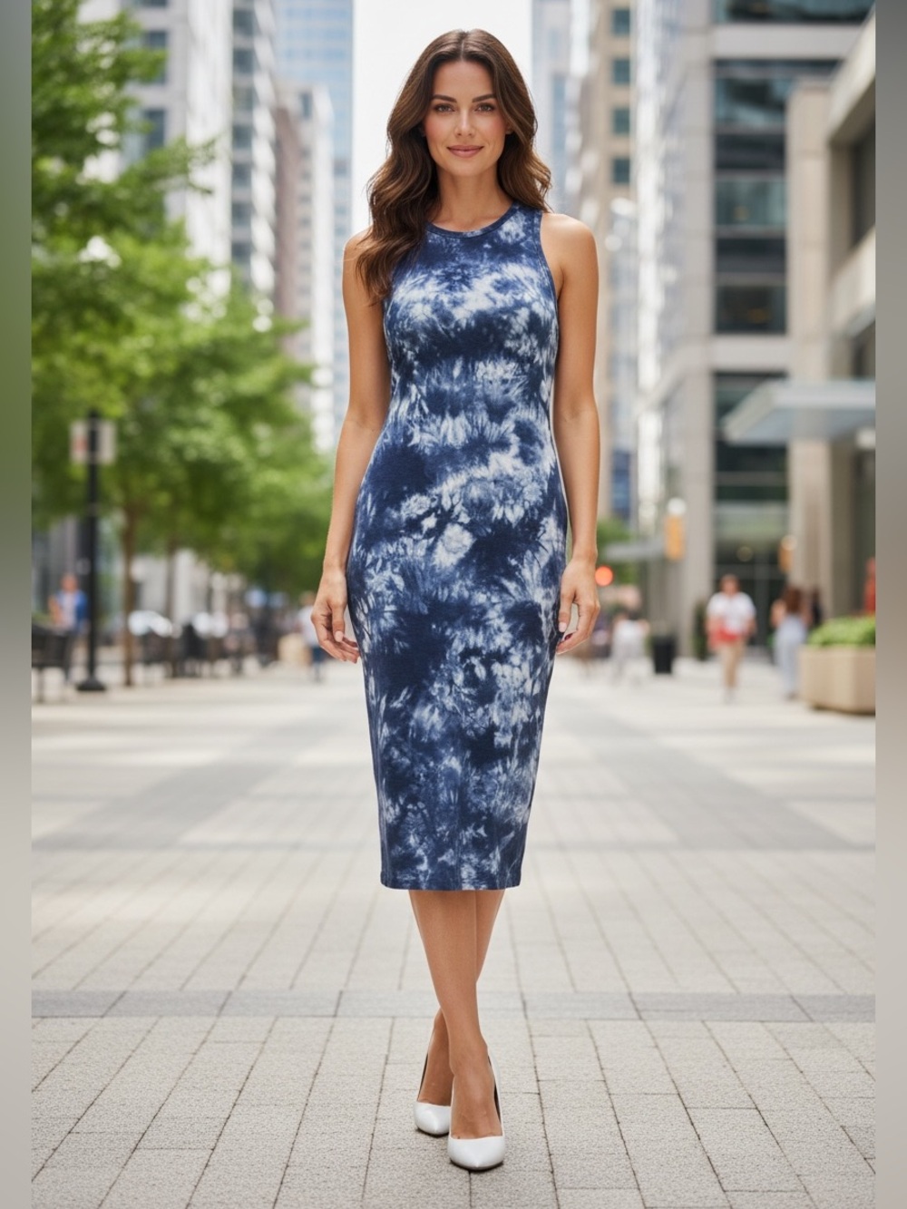 DKNY JEANS, XL, Blue Tie-Dye Ribbed Midi Tank Dress Stretch Sleeveless
